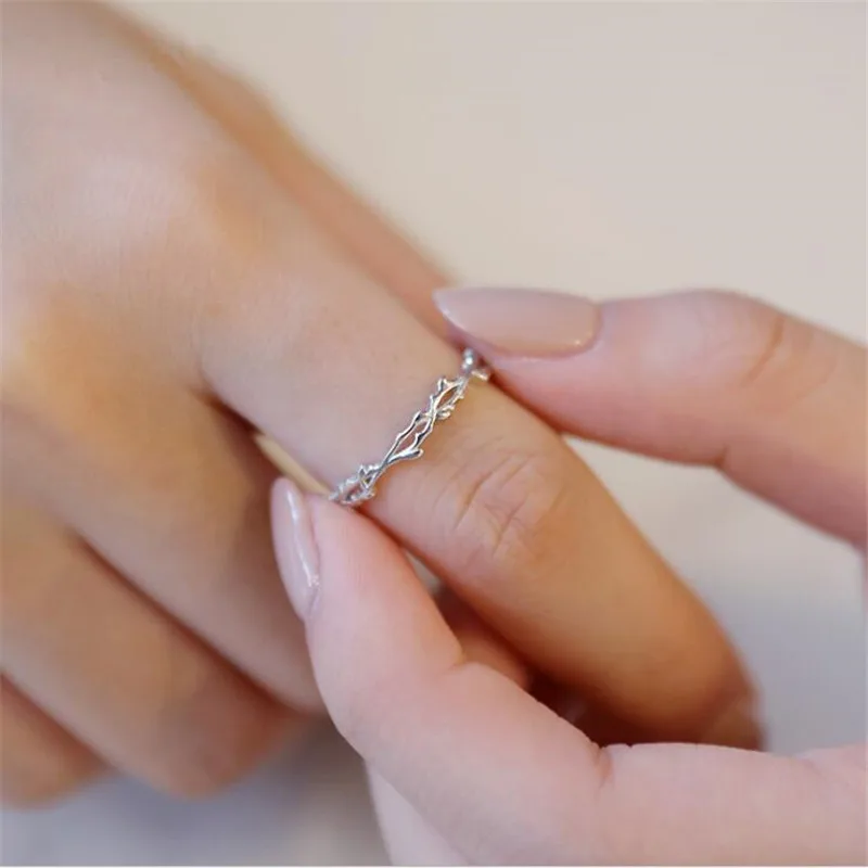 Women's 925 Sterling Silver Twig Thorn Leaf Opening Ring