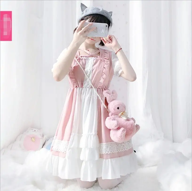 Sommer Lolita Japanischen Mori Mädchen Laterne Kurzarm Kleid Cos Lolita Akademie Stil Kawaii Tee Party Prinzessin Loli Kleid