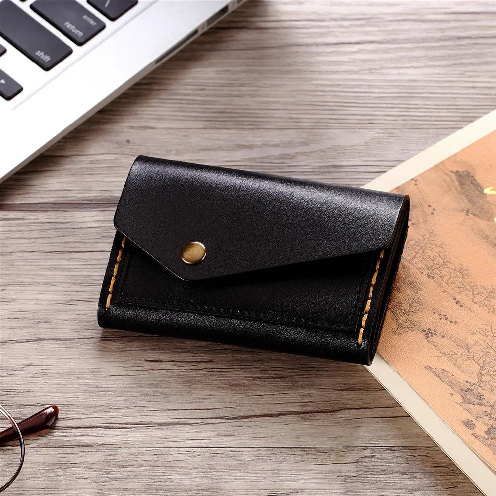 Vintage Handmade Card Package Key Case Vegetable Tanned Leather Coin Purse Black Bag Wallet Hasp Purse for Women Lady Bag