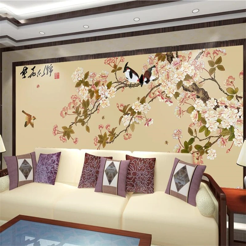 

wellyu Customized large mural Chinese hand-painted flowers and birds flowers and TV background wall wallpaper papel de parede