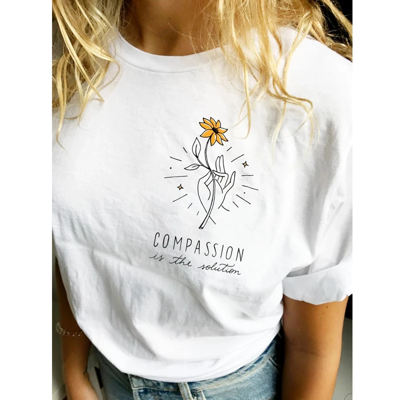 

Compassion Is The Solution Sunflower Colored Pocket T-shirt Fashion Summer Inspirational Tshirt Women Graphic Slogan Tees Tops