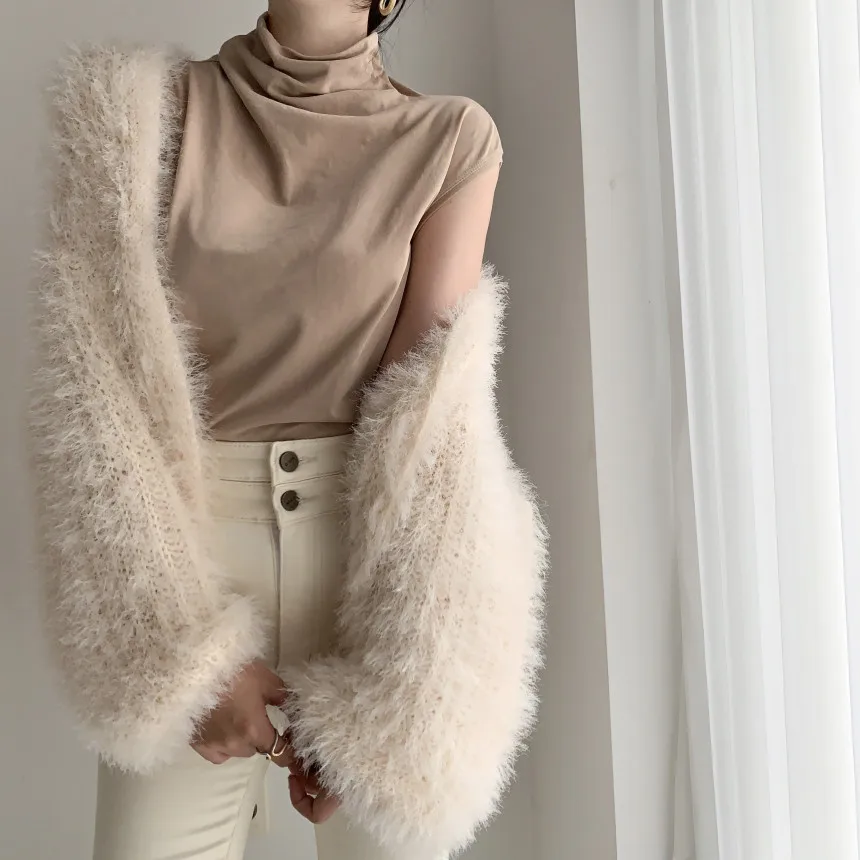 Luxury V-Neck Mink Cashmere Knit Cardigan Mohair Crocheted Sweater Coat Faux Fur Furry Jacket Velvet Lantern Sleeve Tops Sueter