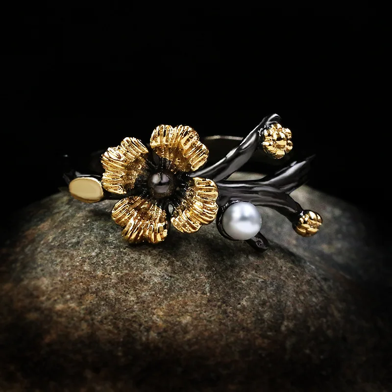 925 Silver Exquisite Daisy Flower Rings for Women Retro wedding Black Gold Baroque Pearl Branches Vintage Ring Jewelry Gift