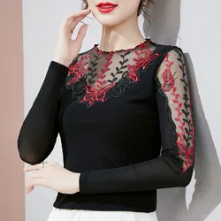M-4XL SALE Women Shirt 2026 Spring Long Sleeve Mesh T-Shirt Elegant Slim Hollow Out Embroidered Elasticity Lace Tee Tops