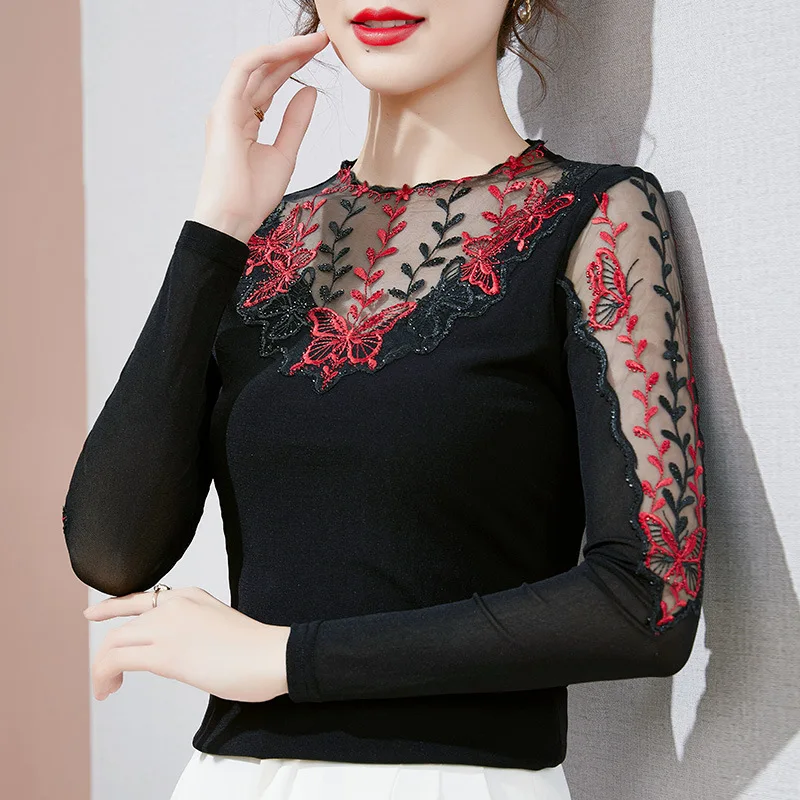 M-4XL SALE Women Shirt 2024 Autumn Long Sleeve Mesh T-Shirt Elegant Slim Hollow Out Embroidered Elasticity Lace Tee Tops