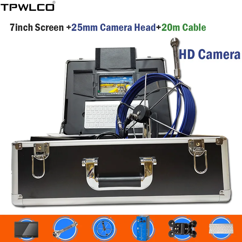 20m Cable1000TVL 25mm Inspection Video Camera 7inch LCD Display Pipe Industrial Endoscope System With DVR Recorder/Keyboard