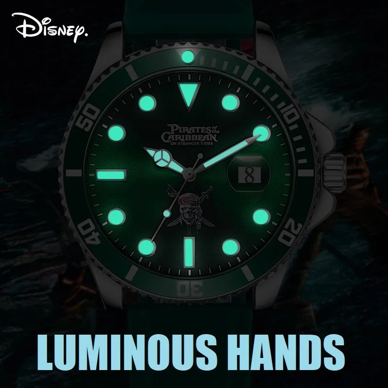 Disney Official Pirates of the Caribbean Cartoon Men Casual Quartz Wrtistwatches Silicone Band Green Water Ghost Gentlemen Gift