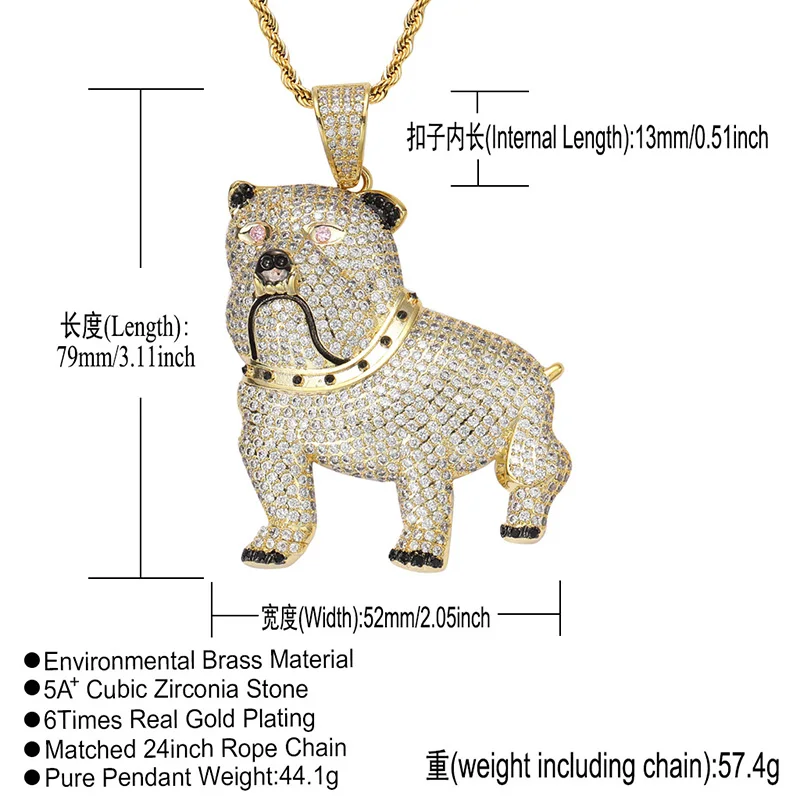 Hip Hop Micro Paved AAA Cubic Zirconic Bling Iced Out Bulldog Bully Dog Pendants Necklaces for Men Rapper Jewelry