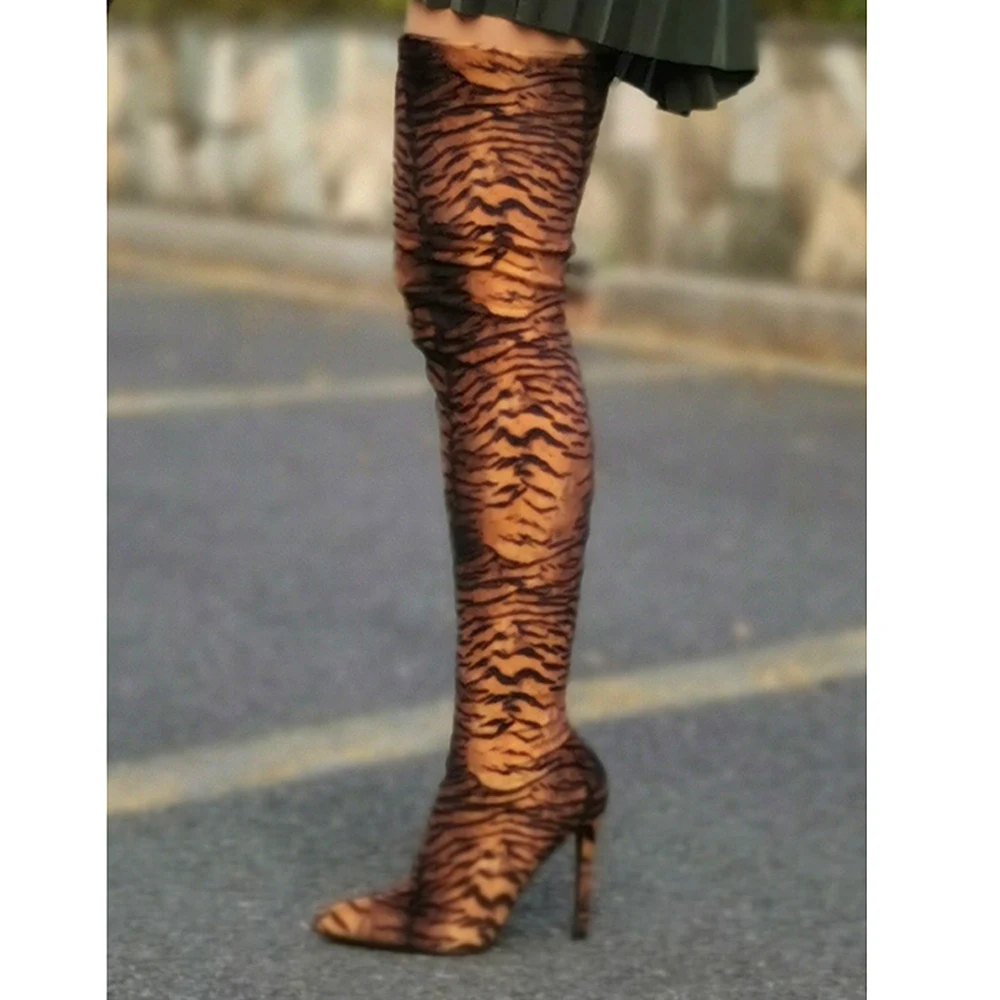 TIMETANG 2020 New Arrival Sexy Tiger Skin Pointed Toe High Heel Thigh Boots Over the Knee Women Long Boots Free Shipping