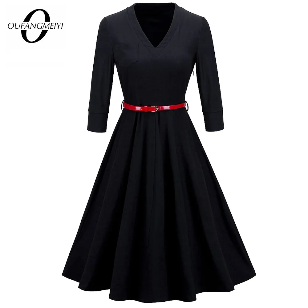 

Women Retro Ladylike 3/4 Sleeve V Neck Fit and Flare Swing A-Line Dress with Belt EA006