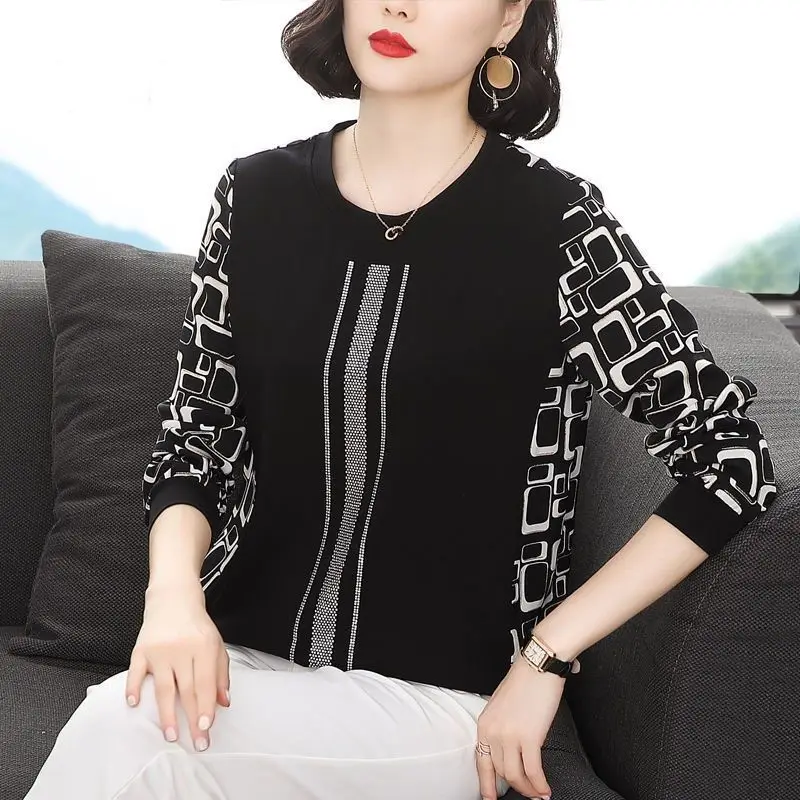 Hàn Quốc TRUNG NIÊN Đáy Áo Sơ Mi Mùa Xuân Và Thu Tay Dài Cổ Tròn Áo Thun TEE 5XL Camisas De Moda mujer