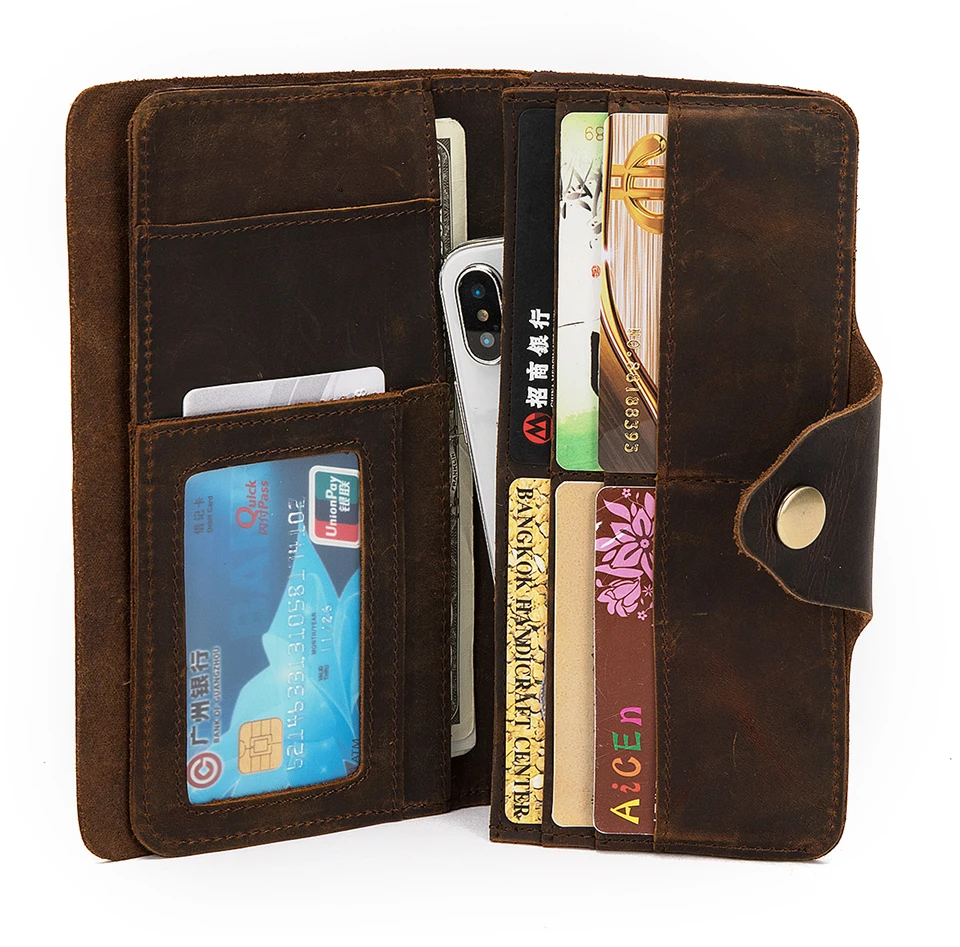 2021 Male Crazy Horse Leather Vntage Checkbook Business Card Holder Chain Organizer Long  Men's Wallet Purse Design Clutch 001