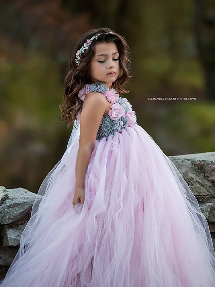 Pink and Grey Flower Girl Tutu Dress Wedding Tulle Dress Girls Wedding Dresses Robe Demoiselle Rose Kids Girls Clothes Dress image 3