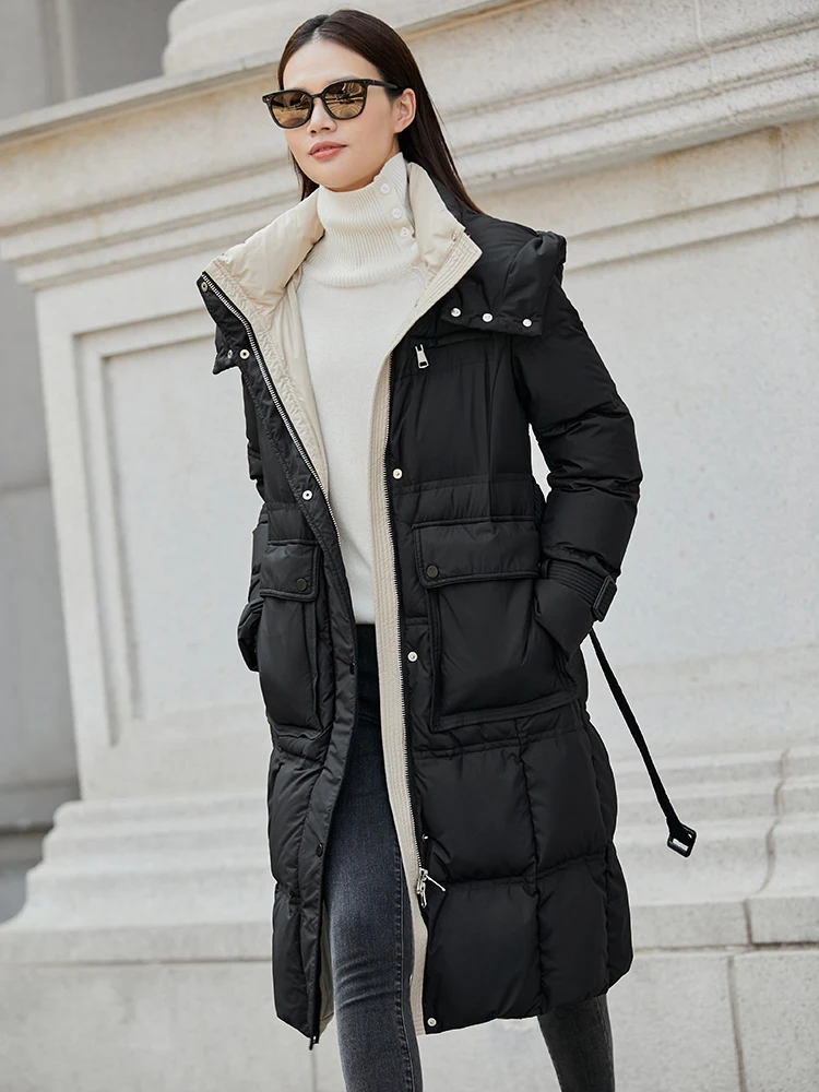 Amii Minimalism Winter 90 White Duck Down Coat For Women Hooded Long Jacket Thicken Warm Down Jacket Female Overcoat 12130492