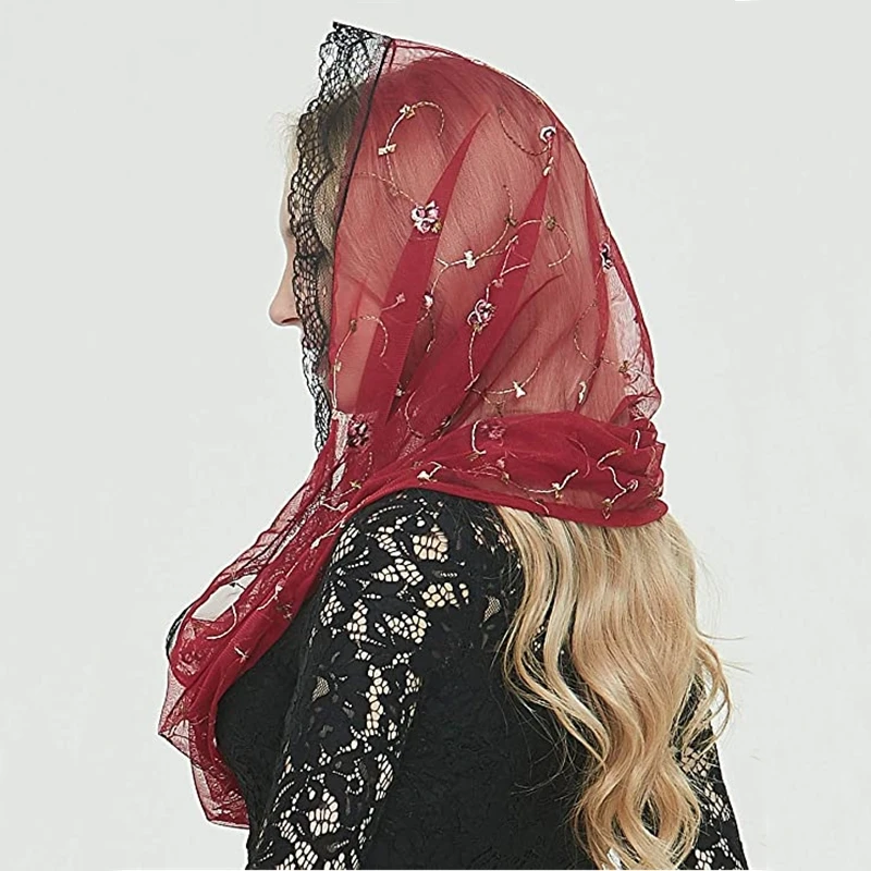 Women Round Head Covering with Embroidered Flowers Catholic Chapel Mantilla Veils Pink Red Navy Floral Spanish Lace Clip