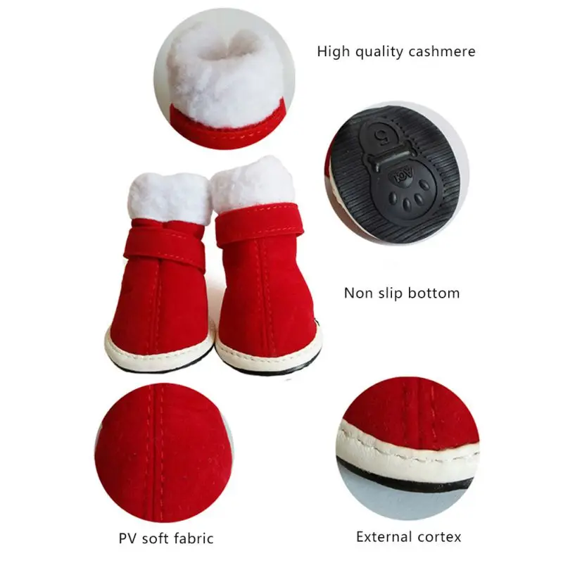 4 Pcs/Sets Santa Dog Shoes For Small Dogs Winter Warm Fleece Puppy Pet Shoes Windproof Dog Snow Boots Chihuahua Yorkie Shoes