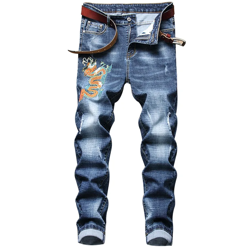 

Ripped Jeans New For Men's Slim Fit Retro Blue Stretch Streetwear Embroidery Torn Motorcycle Pants Male Biker Denim Trousers