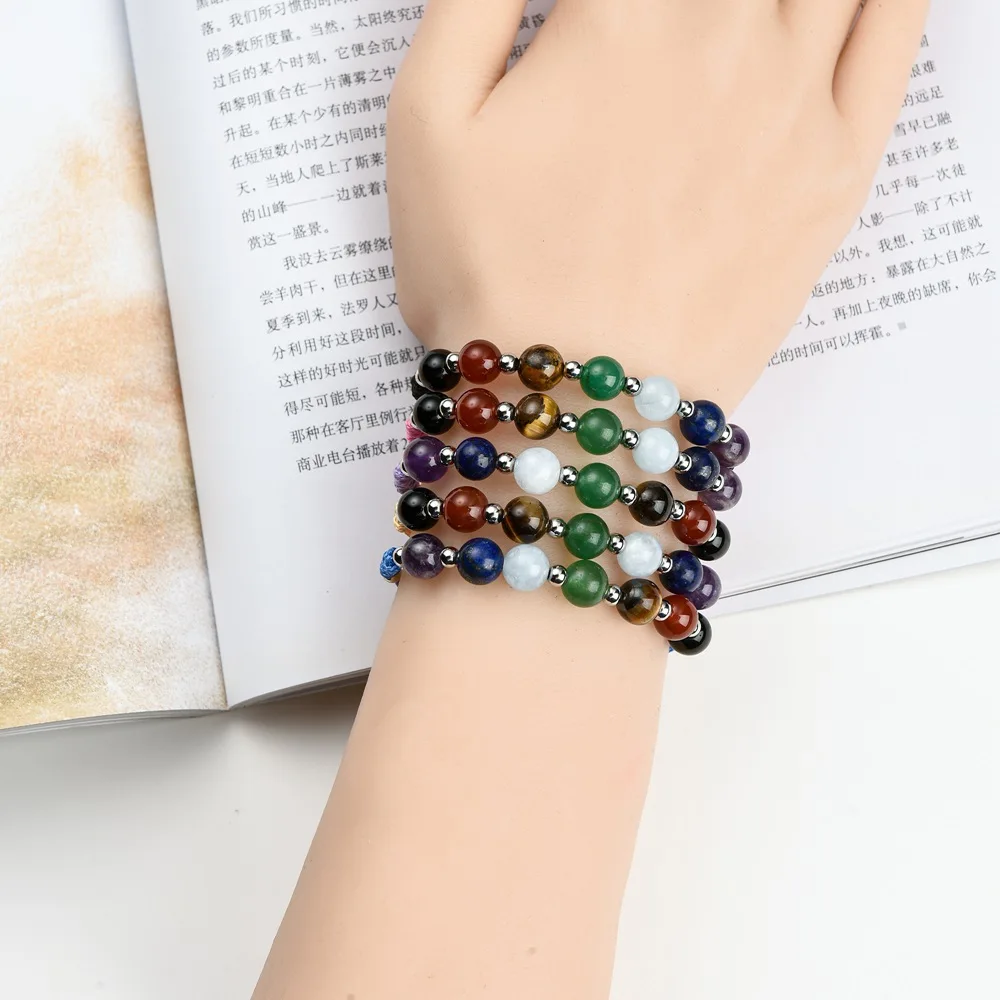 QIMOSHI Leather Cuff Bracelets Wrap Bangle Boho  with Natural 7 Chakra Stone  Beads Crystal l for Women Girls boy Gifts