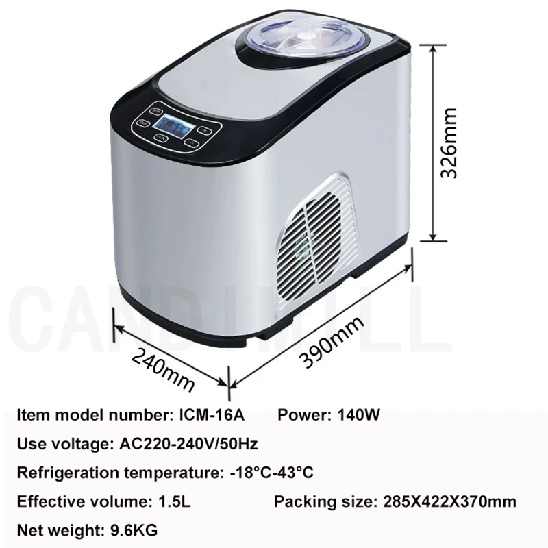 カンジミル-家庭用ミニアイスクリームメーカー、容量1.5l、140w、電気、自家製、柔らかくて硬いアイスクリーム