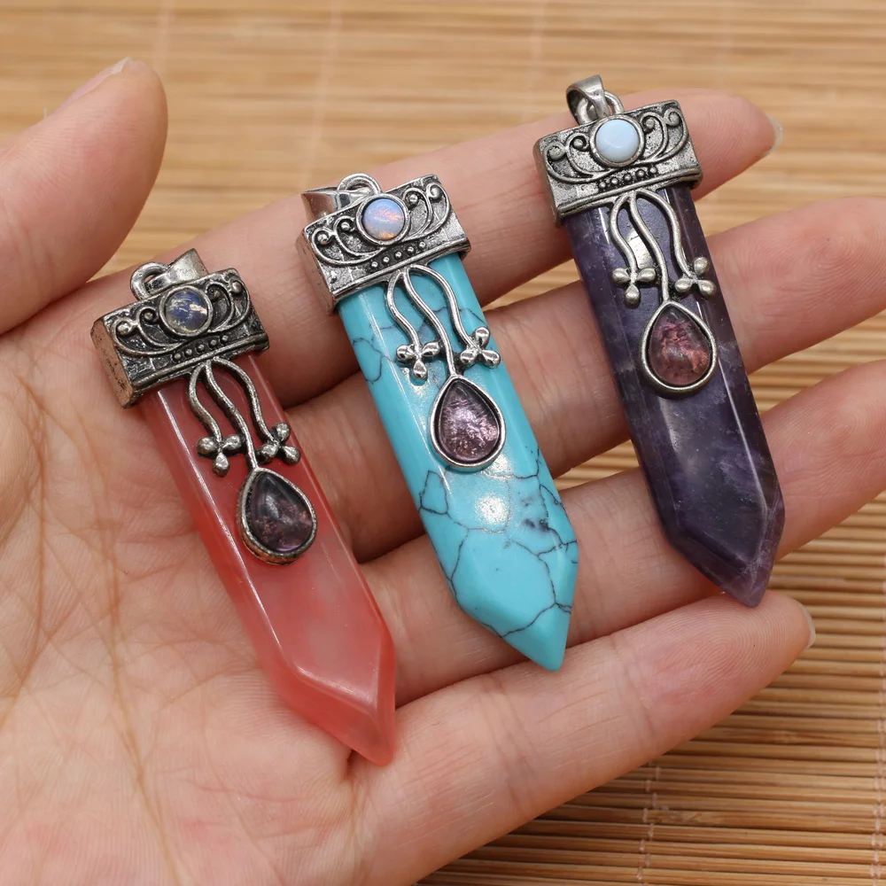 Natural Stone Pendant Cylindrical Metal Alloy Semi-Precious For Jewelry Making DIY Necklace Bracelet Earrings Accessory