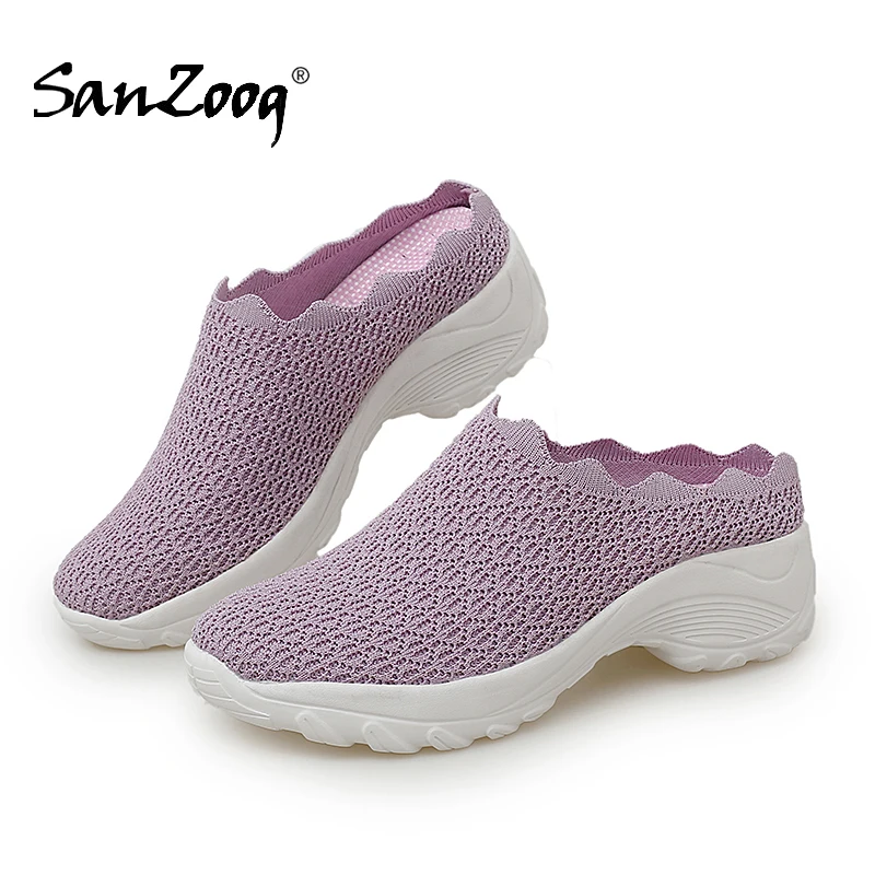 Summer Slip On Half Shoes For Women Platform Flats Breathable Mesh Casual Ladies Pink Beige Black 2021 New Lightweight