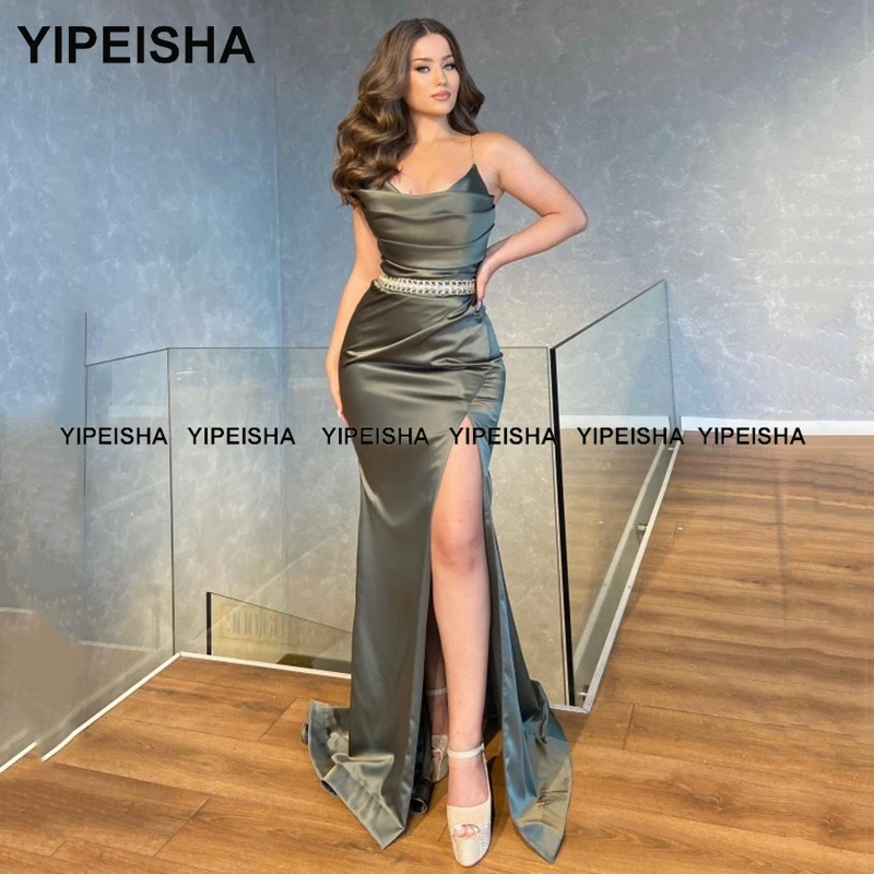 

Yipeisha Spaghetti Straps Mermaid Evening Gown Floor Length Front Slit Prom Dresses Beaded Long Wedding Party Dress Sexy Vestido