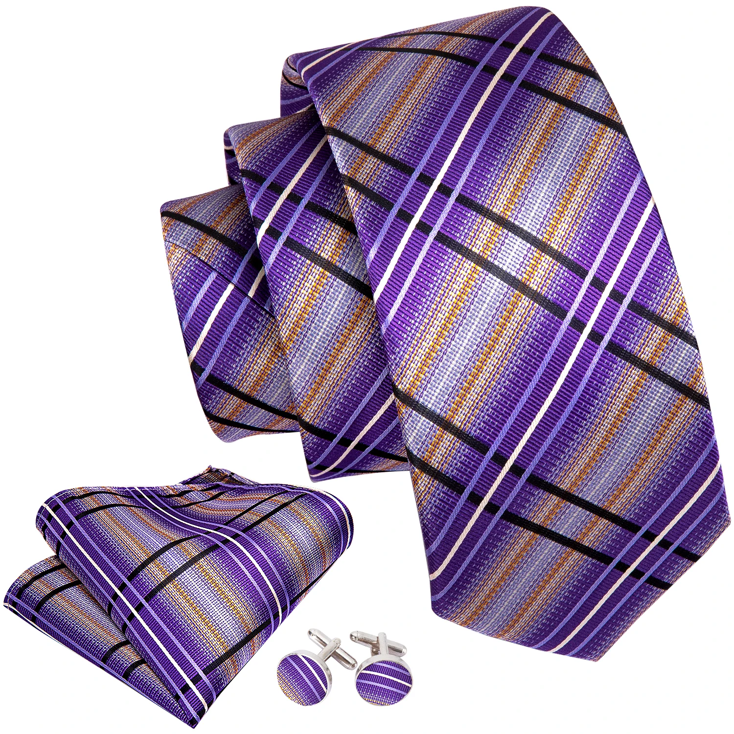 Purple Plaid Men Wedding Tie Silk Necktie For Men Gifts Handkerchief Cufflink Tie Set Barry.Wang Fashion Accessories FA-0457