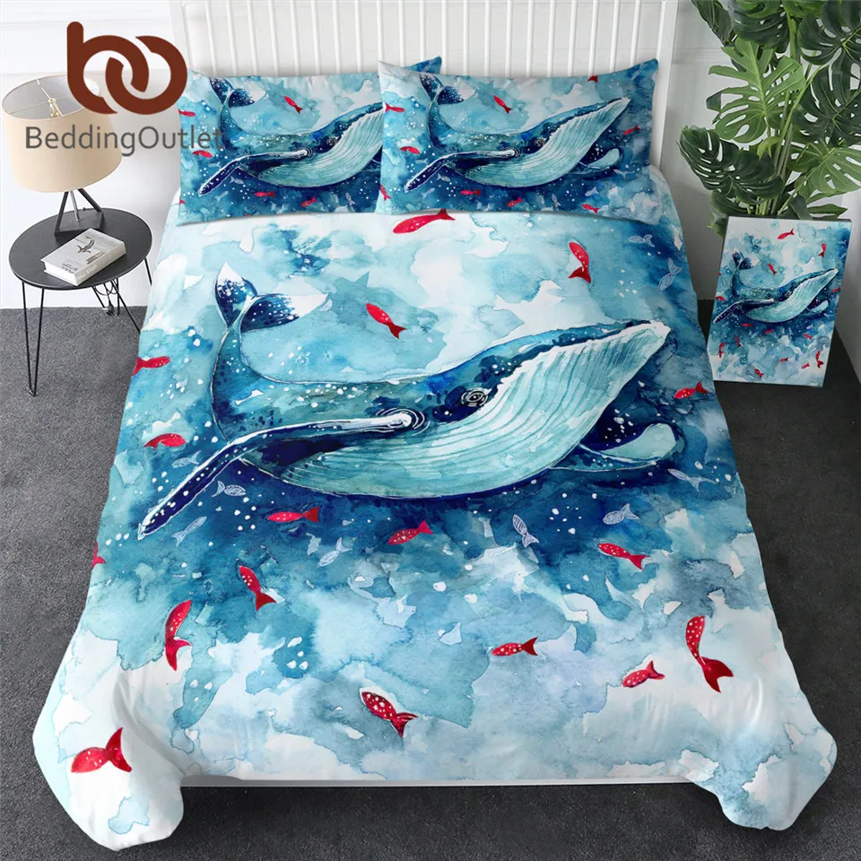 

BeddingOutlet Whale Bedding Set Watercolor Animal Duvet Cover Set Blue and White Home Textiles Red Fish Ocean Sea Bedclothes