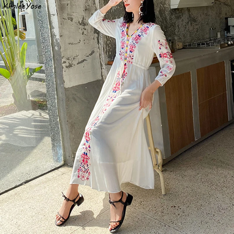 KHALEE YOSE White Floral Embroidery Dress for Women Vintage Spring Autumn Maxi DressesLong Sleeve Lady Casual Ethinic Chic Dress