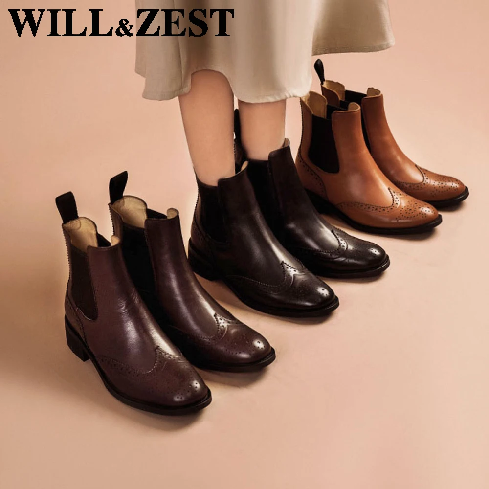 

Will&Zest Women Chelsea Boots Genuine Leather Platform Sexy Booties 3 Colors Brogue Designer Short Shoes 2020 Autumn Winter New