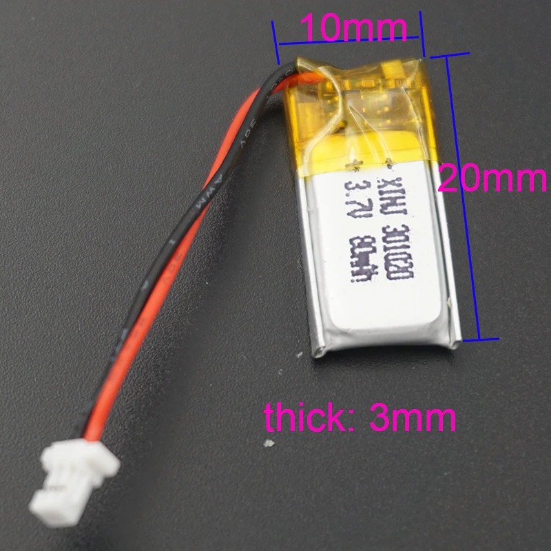 3.7V 80 mAh Polymer Li Lithium Lipo Battery 301020 JST 2Pin 1.0mm Connector For MP3 Headphones Bluetooth 3D Glasses Record Pen