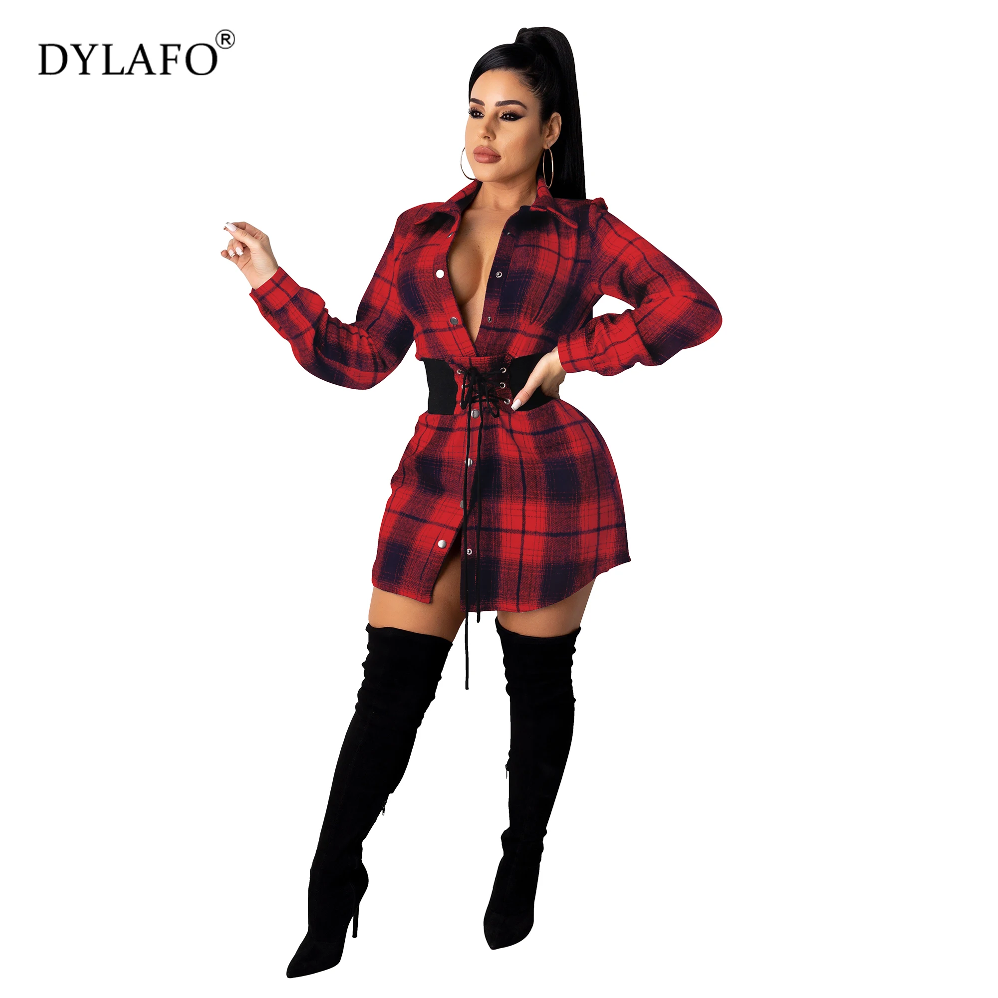 Women Plaid Dress Long Sleeve Closed Waist Plaid Dress+ Waist Seal Dresses Mini Short Leisure Dresses Lady Girl 2021 New