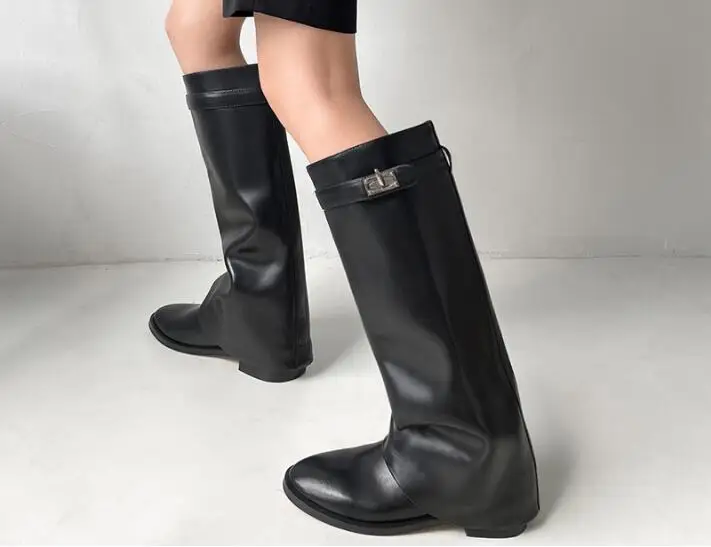 

Winter Warming Fashion Woman Black Genuine Leather Loose Knee High Boots Round Toe Sliver Metal Fold 35 mm Long Pants Boots