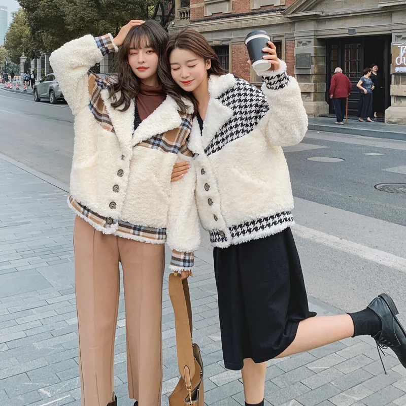 Women\'s winter new Korean style loose short quilted wool coat stitching houndstooth fashion women winter coat wool 2020