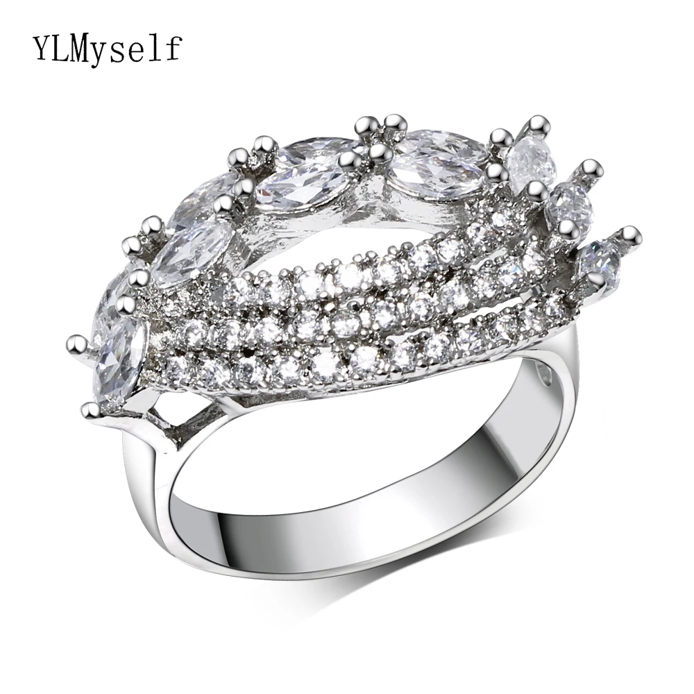 Jewelry Rhodium plate Bright Crsytal CZ Female Rings Jewellery Long shape Pretty Finger Ring for women