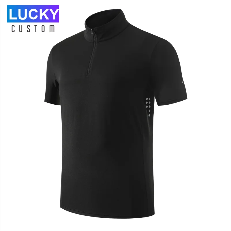 Men\'s Zipper Stand-up Collar Short-sleeved T-shirt Custom Printed Embroidery Logo Sweat-absorbent Breathable Sports Shirt