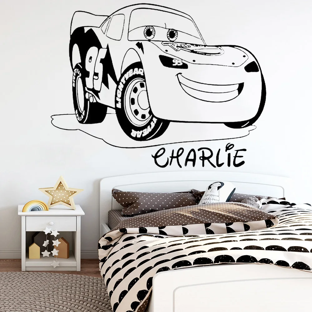 Personalised Name Wall Decals Cartoon Lightning Car Wall Sticker Vinyl Home Decor Kids Boy Room Playroom Custom Mural Z804