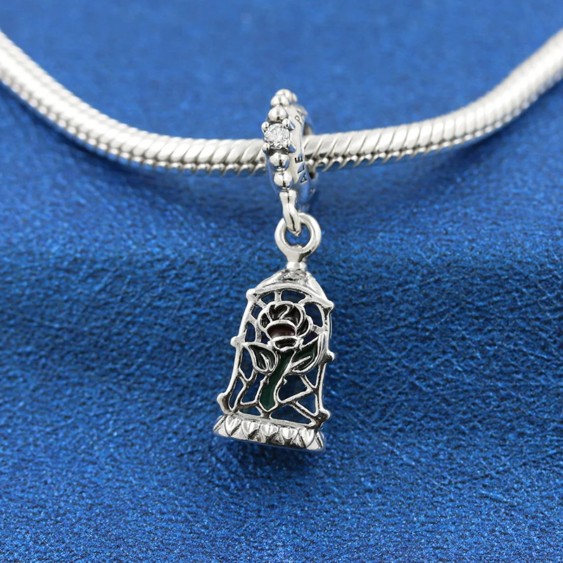 925 Sterling Silver Beauty and the Beast Enchanted Rose Dangle Charm Bead Fits All European Pandora Jewelry Bracelets Necklaces