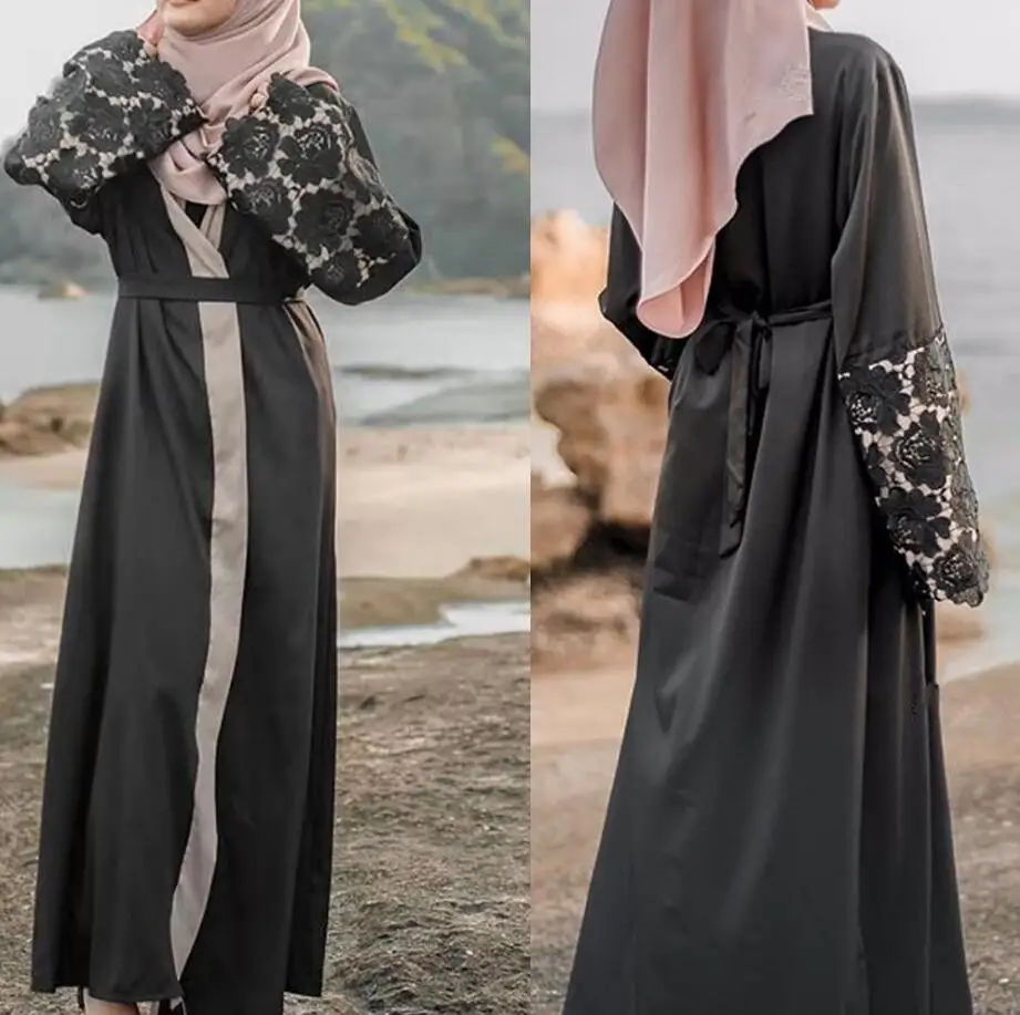 Vestido musulmán Abaya de Dubái para mujer, cárdigan con costura de encaje, talla grande, a1295