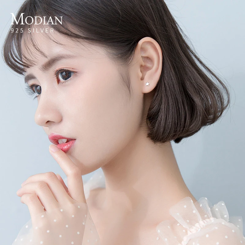 Modian Fashion Minimalist Star Moon Asymmetry 100% 925 Sterling Silver Anti-Allergy Stud Earring for Women Fine Jewelry Brincos image 4