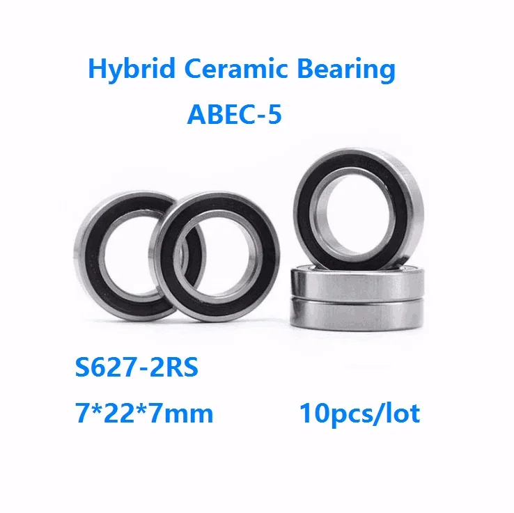 

10pcs/lot S627-2RS S627RS 7*22*7mm Double rubber cover ABEC-5 Stainless Steel hybrid Si3N4 ceramic ball bearings Bicycle Bearing