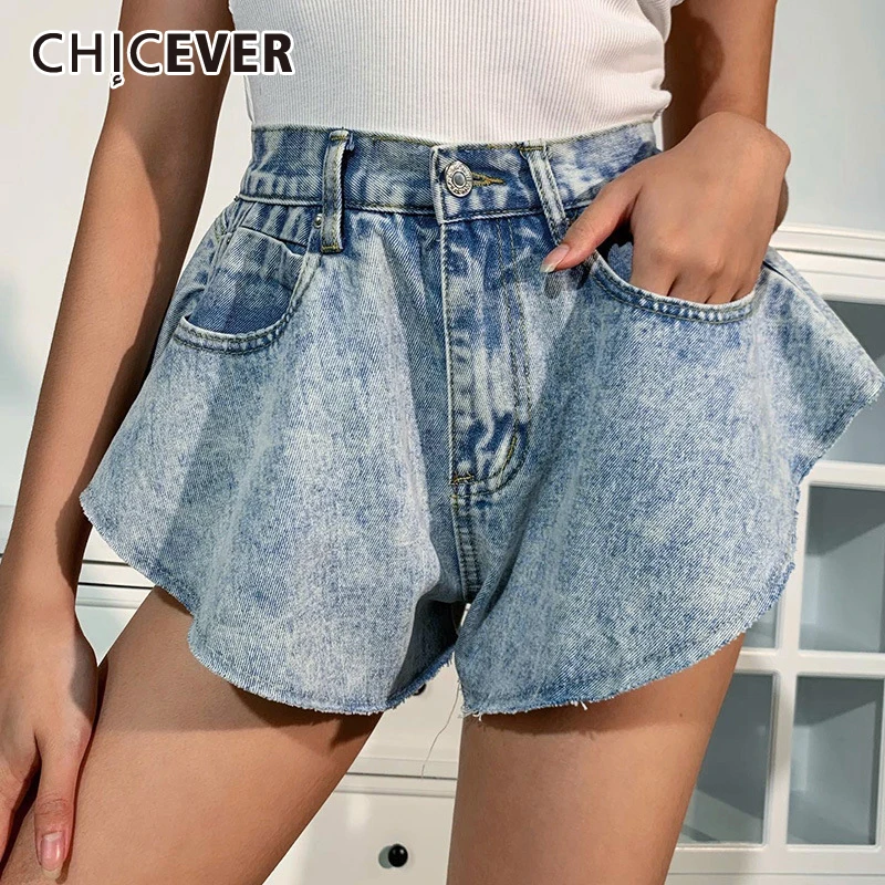 CHICEVER Denim Shorts For Female High Waist Pockets Sexy Ruffles Wide Leg Short Women's Solid Trousers 2021 Summer Clothes