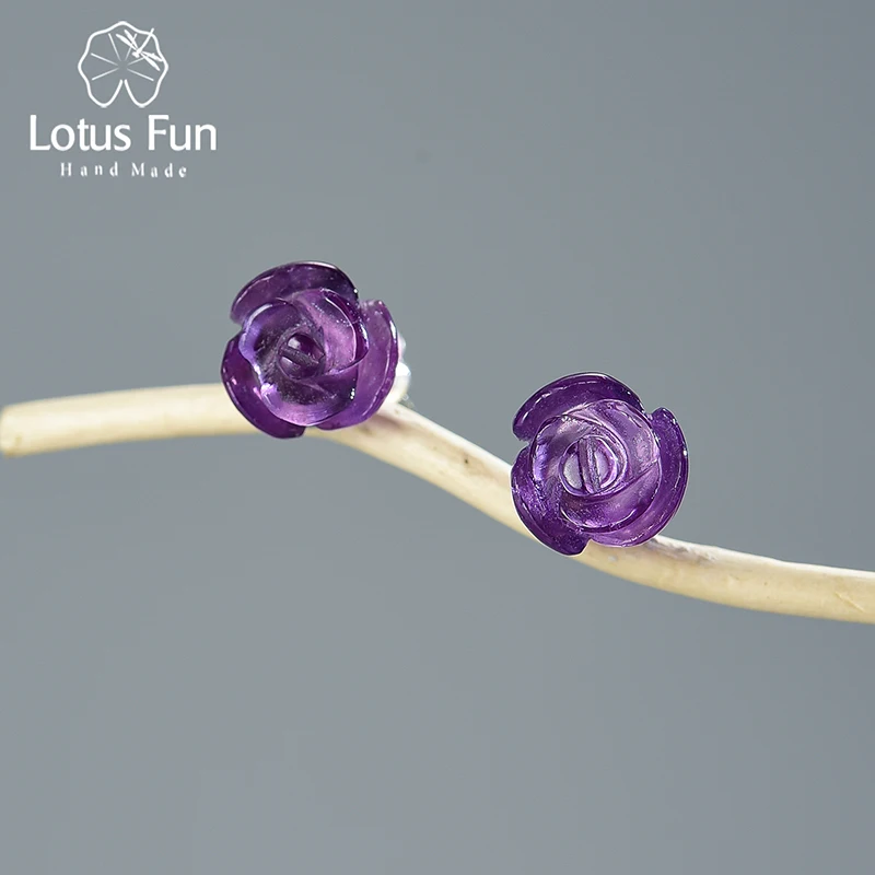 Lotus Fun Romantic Natural Quartz Amethyst Rose Flower Stud Earrings Real 925 Sterling Silver Fine Jewelry Earrings for Women