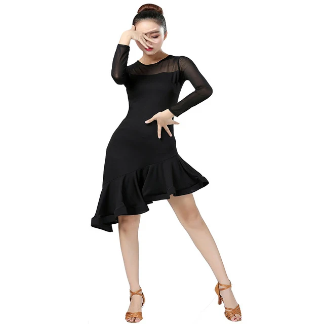 Women Long-sleeved Latin Dress Adult Black Velvet Latin Dancing Ballroom Tango Modern Rumba Cha Cha Salsa Woman Dance Costume