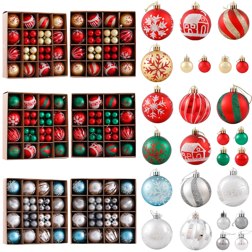 44Pcs Red Green Christmas Tree Hanging Balls Ornament Painted Snowflake Decorative Ball Christmas Home Decoration New Year Gifts