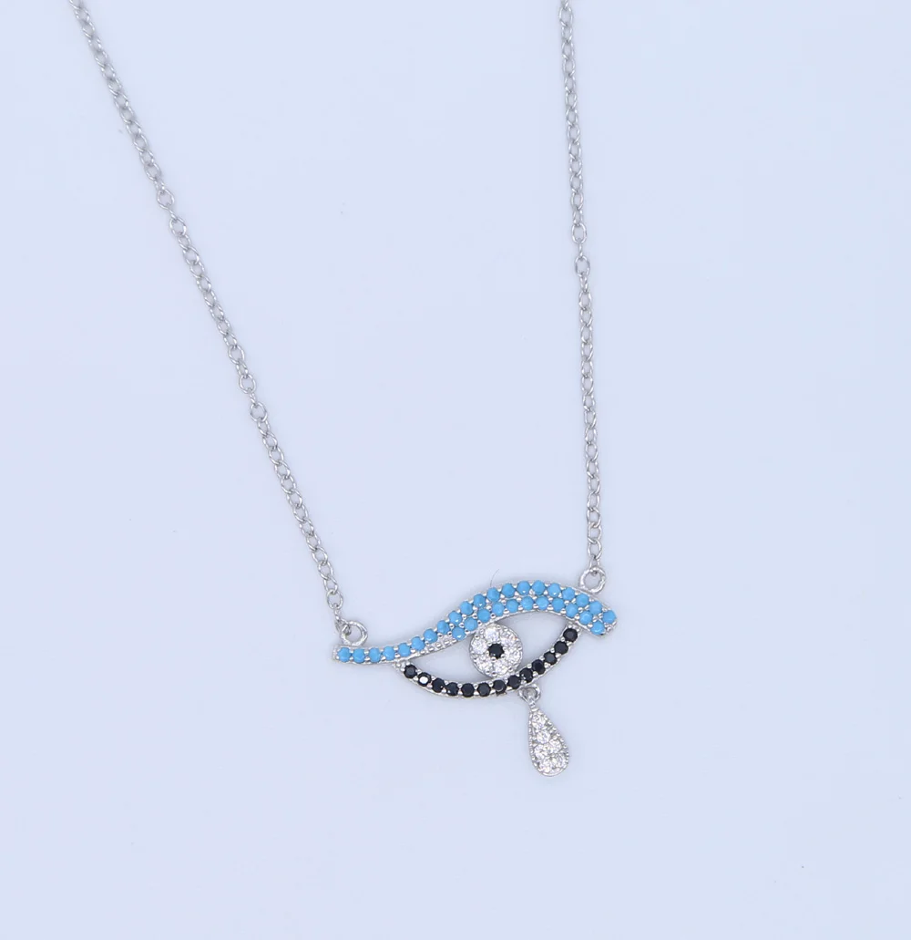 925 sterling silver new arrive pave clear blue black cz Danity delicate thin chain turkish evil eye charm drop silver necklace