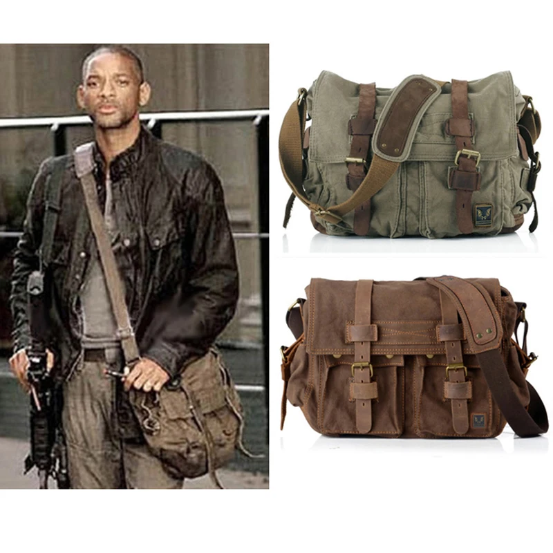 I AM LEGEND Will Smith Canvas + Genuine leather Men Messenger Bag Canvas Shoulder Bag men Crossbody Bag Sling Casual Bag Satchel