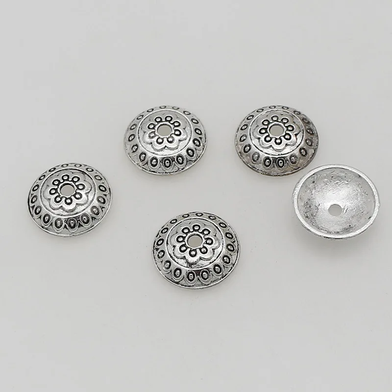 50pcs/lot Bohemia Antique Silver Flower Round Bead Caps 14mm Decoration Zinc Alloy Beaded End Cap Charms DIY Jewelry Findings