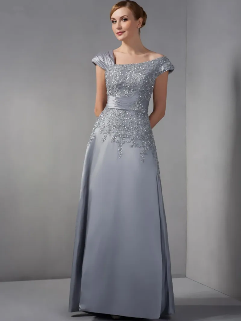 Gray Mother Of The Bride Dresses A-line Cap Sleeves Chiffon Lace Beaded Long Elegant Groom Mother Dresses For Wedding