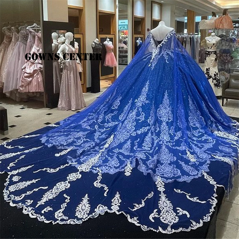 Vintage Navy Quinceanera Dresses Ball Gown Beaded Spaghetti Formal Gown With Cape Lace Up Princess Beaded Sweet 15 16 Dress